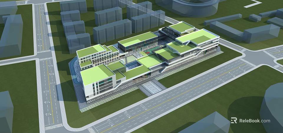 Modern School Building With Green Roofs And Connected Structures Surrounding Roads And Open Courtyards 3d model 
