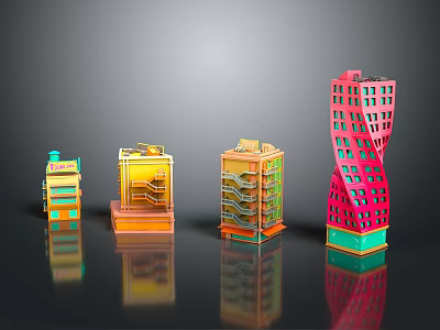 Colorful Modern Building Models With Twisted Structure Multiple Floors And Bright Windows 3d model