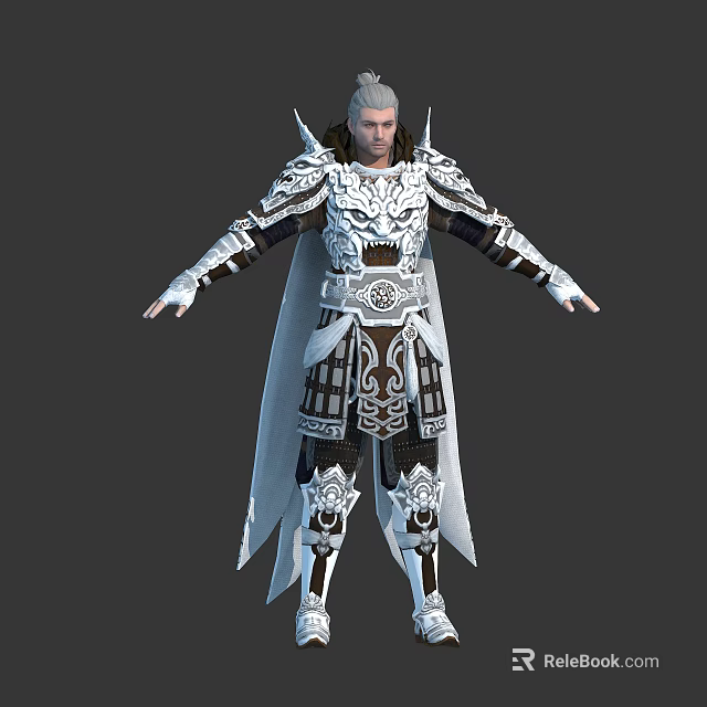 White Haired Fantasy Character In Elaborate Silver Black Armor With Intricate Patterns And Cloak 3d model 