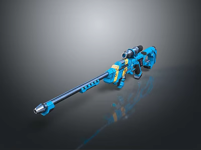 Blue Modern Sniper Rifle With Yellow Stripes And Scope Design Features 3d model