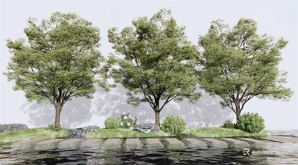 Lush Arbor Trees In Natural Landscape With Green Grass Stones Shrubs And Water Surface 3d model 