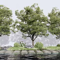 Lush Arbor Trees In Natural Landscape With Green Grass Stones Shrubs And Water Surface