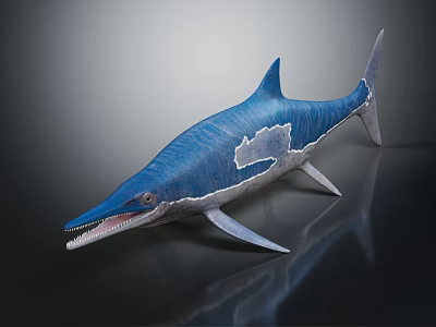 Blue Prehistoric Ichthyosaur Marine Creature Model With White Patches And Long Snout 3d model