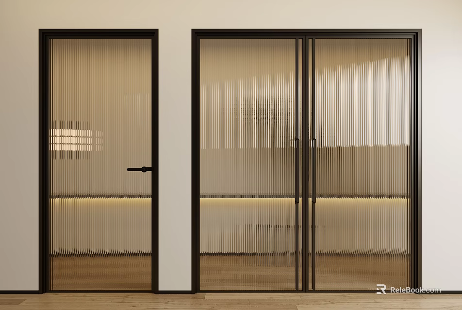 Modern Hinged Door With Black Frame And Vertical Ribbed Glass Design 3d model