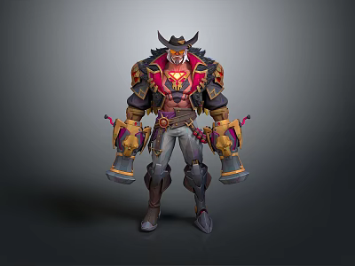 Warrior Character With Horned Creature Features In Red Gold Armored Attire And Dual Weapons 3d model