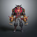 Warrior Character With Horned Creature Features In Red Gold Armored Attire And Dual Weapons