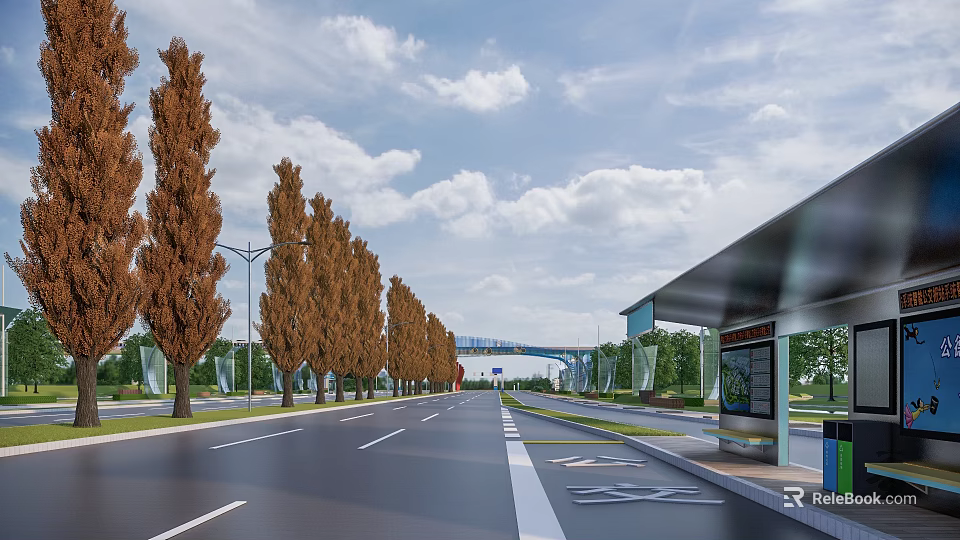 Municipal Road With Brown Trees Street Lamps Bus Stop Overpass And Blue Sky Clouds 3d model 