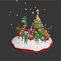 Group of People Celebrating Christmas Around Decorated Tree With Gifts Snowflakes And Santa Hats