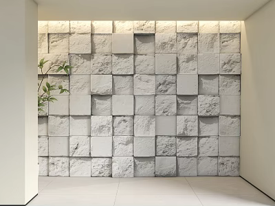White Textured Stone Wall with Square Blocks and Green Plant in Interior Design 3d model