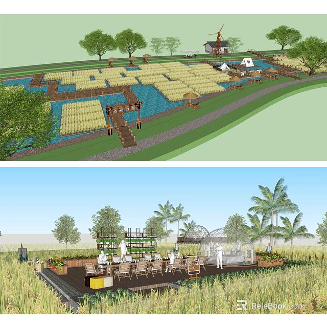 Rural Landscape Featuring Rice Fields Water Wooden Walkways Palm Trees And Outdoor Leisure Areas 3d model 