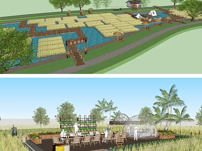 Rural Landscape Featuring Rice Fields Water Wooden Walkways Palm Trees And Outdoor Leisure Areas 3d model