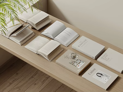 Minimalist Style Open And Closed Books With BAITON Title And Green Plant On Wooden Table 3d model