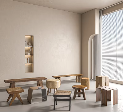 Various Wooden Stools With Unique Designs In Minimalist Beige Wall Room Shelf And Window Blinds 3d model