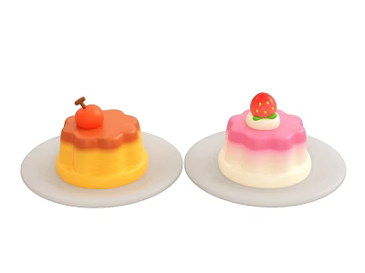 Two Colorful Fruit Topped Desserts on White Plates with Orange and Pink Layers 3d model