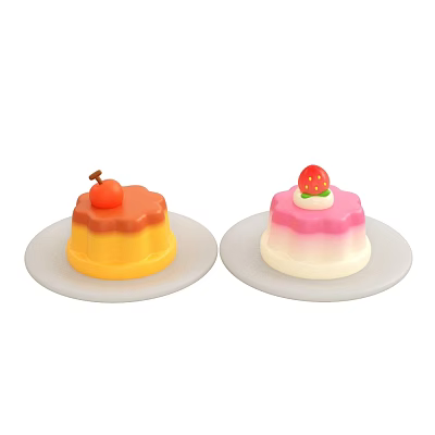 Two Colorful Fruit Topped Desserts on White Plates with Orange and Pink Layers 3d model