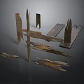 Worn Old Wooden Planks And Fragmented Wood Pieces On Dark Surface