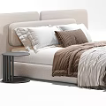 Modern Double Bed With Upholstered Headboard Brown White Pillows And Side Nightstand