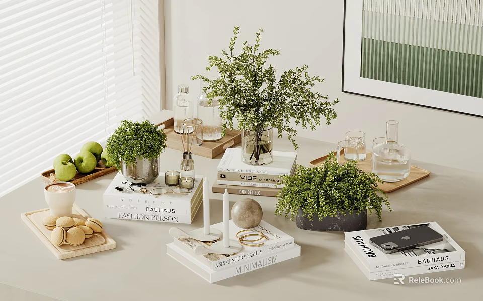 Elegant Decorative Ornament Set with Green Plants Books Vases and Candles for Home Tabletop 3d model 