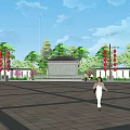 Park Landscape with Red Lanterns on Lamp Posts White Archway Trees and Paved Square 3d model