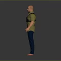 Bald Head Man Wearing Green Shirt Black Fanny Pack Blue Pants Barefoot Gray Background