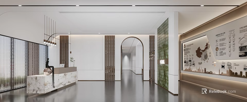 Modern Front Desk Reception Interior With Marble Counter And Decorative Wall Design 3d model