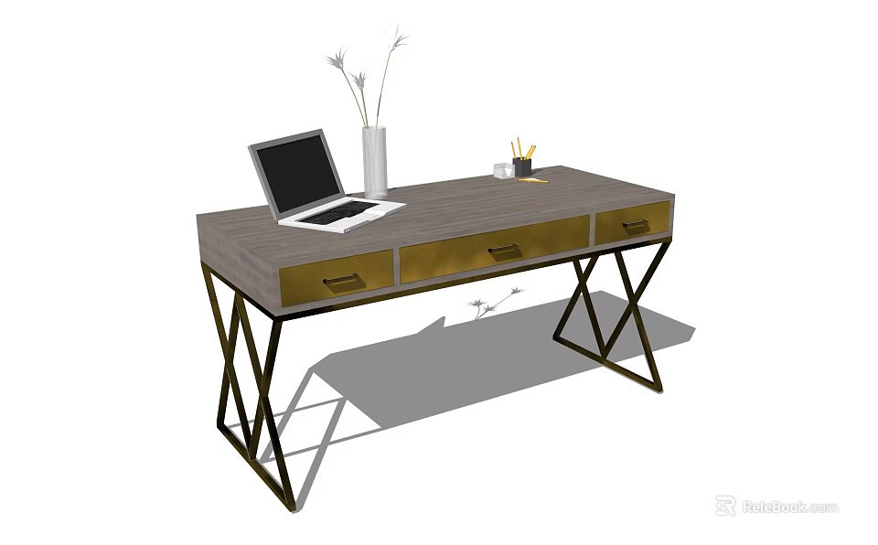 Modern Desk With Laptop Vase Pencil Cup Golden Drawers And Black Metal Legs 3d model 