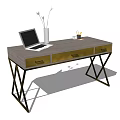 Modern Desk With Laptop Vase Pencil Cup Golden Drawers And Black Metal Legs