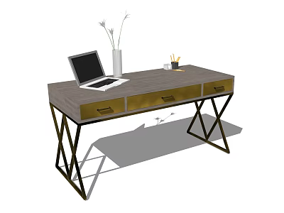 Modern Desk With Laptop Vase Pencil Cup Golden Drawers And Black Metal Legs 3d model