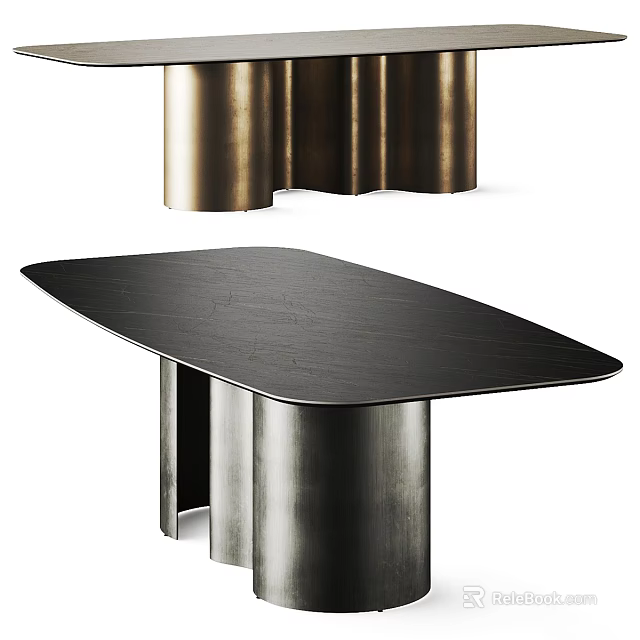 Modern Sleek Dining Table With Black Tabletop And Metal Column Legs 3d model 