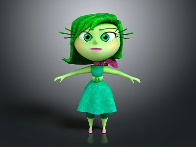 3D Animated Game Movie Character With Green Hair Green Eyes Green Dress And Pink Bow 3d model