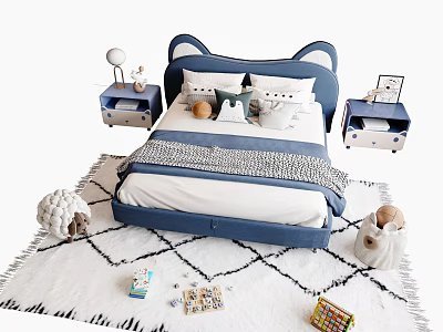 Blue Children's Bed with Cat Ear Headboard Pillows Quilt Nightstands and Toys on White Rug 3d model
