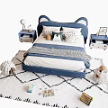 Blue Children's Bed with Cat Ear Headboard Pillows Quilt Nightstands and Toys on White Rug