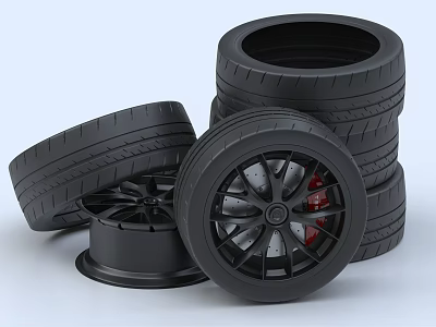 Stacked Black Car Tires with Alloy Rims and Red Brake Calipers 3d model