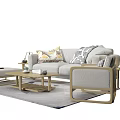Light Gray Sofa and Wooden Coffee Table Set with Ottoman Side Tables and Throw Pillows 3d model