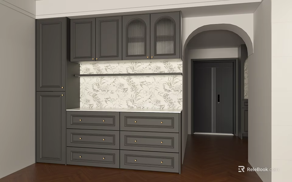 Stylish Gray Sideboard with Drawers Glass Door Cabinets and Floral Backsplash on Wooden Floor 3d model 