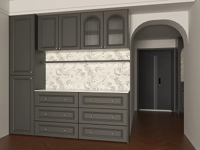 Stylish Gray Sideboard with Drawers Glass Door Cabinets and Floral Backsplash on Wooden Floor 3d model