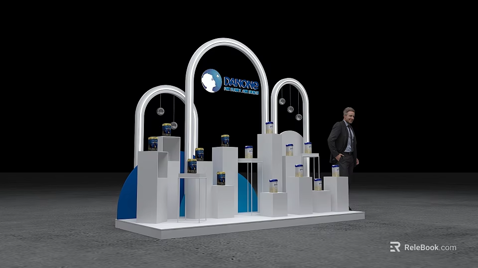 WORLDCOLOUR Art Installation with White Arch Structures Blue Accents Display Stands Cans Person in Suit 3d model 
