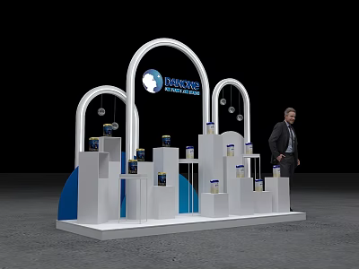 WORLDCOLOUR Art Installation with White Arch Structures Blue Accents Display Stands Cans Person in Suit 3d model