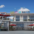 Modern Sales Office Building With Large Glass Windows Outdoor Seating Red Umbrellas And Green Plants