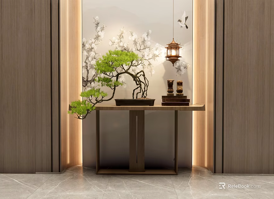 Elegant Console Table With Bonsai Tree Lantern Warm Lighting And Decor 3d model 