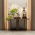 Elegant Console Table With Bonsai Tree Lantern Warm Lighting And Decor 3d model