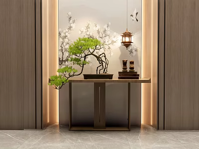 Elegant Console Table With Bonsai Tree Lantern Warm Lighting And Decor 3d model