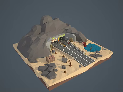 Cartoon Scene Featuring Mountain with Tunnel Road and Surrounding Rocks Small Plants 3d model