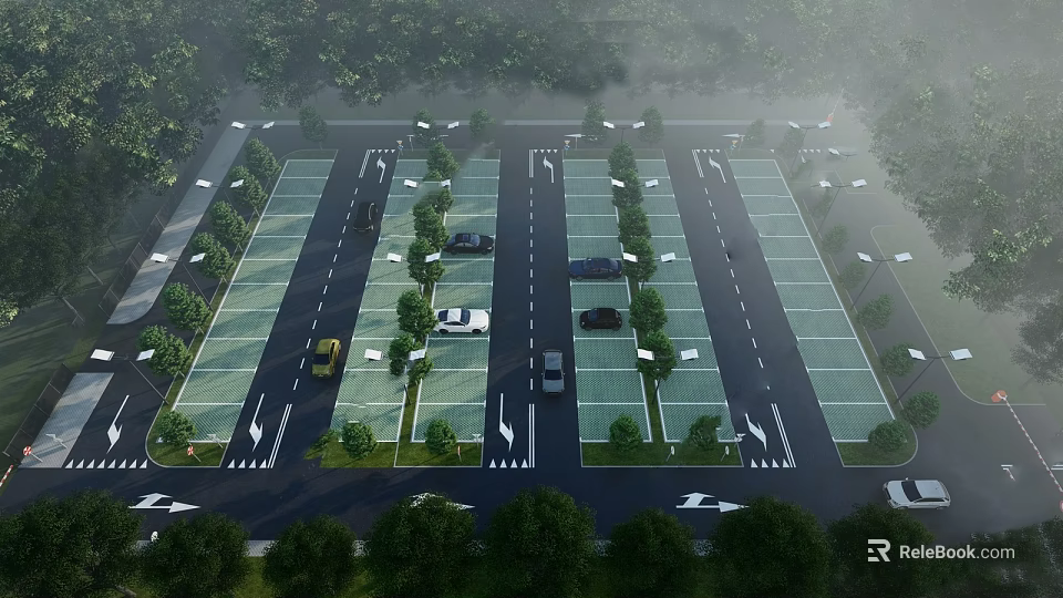 Well Organized Parking Lot With Multiple Spaces Trees And Parked Cars 3d model 