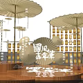 Chinese Style Carnival Stage with Wooden Platforms Lantern Backdrops and Umbrella Shaped Decor