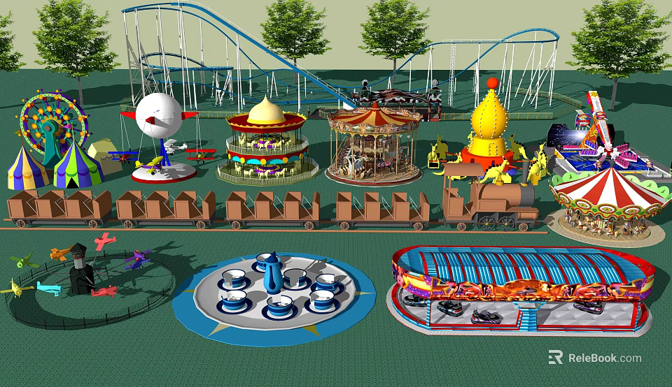 Colorful Amusement Rides With Roller Coaster Carousel Train Drop Tower And Spinning Rides 3d model 