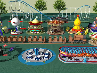 Colorful Amusement Rides With Roller Coaster Carousel Train Drop Tower And Spinning Rides 3d model
