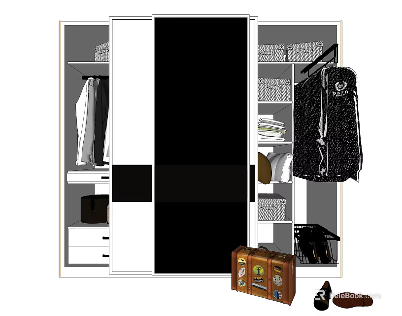 Modern Wardrobe Interior Design With Sliding Doors Hanging Space Drawers And Storage Compartments 3d model 