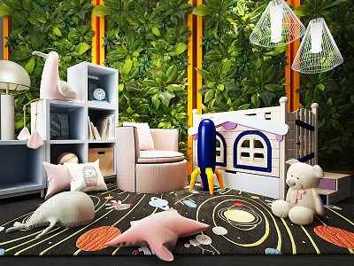 House Shaped Kids Table With Window Green Plant Hanging Lamps Star Rug And Plush Toys 3d model