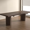 Dark Wooden Dining Table With Thick Legs On Wooden Floor Near Window And Plant